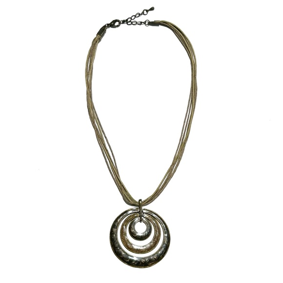 Boho Brown Gold Beige Pearlized Layered Round Circle Loop Pendant Rope Necklace - Picture 2 of 8
